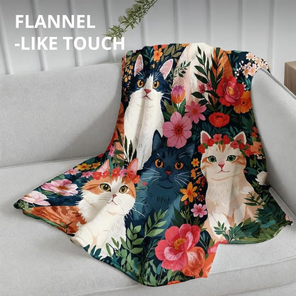 Cat Floral Blanket, Cottagecore Wildflower Flower Cats Throw Blankets for Home Bedroom Living Room Couch Bed Decor, Cat Mom Lady Lovers Gifts for Women, 50x60 Inch