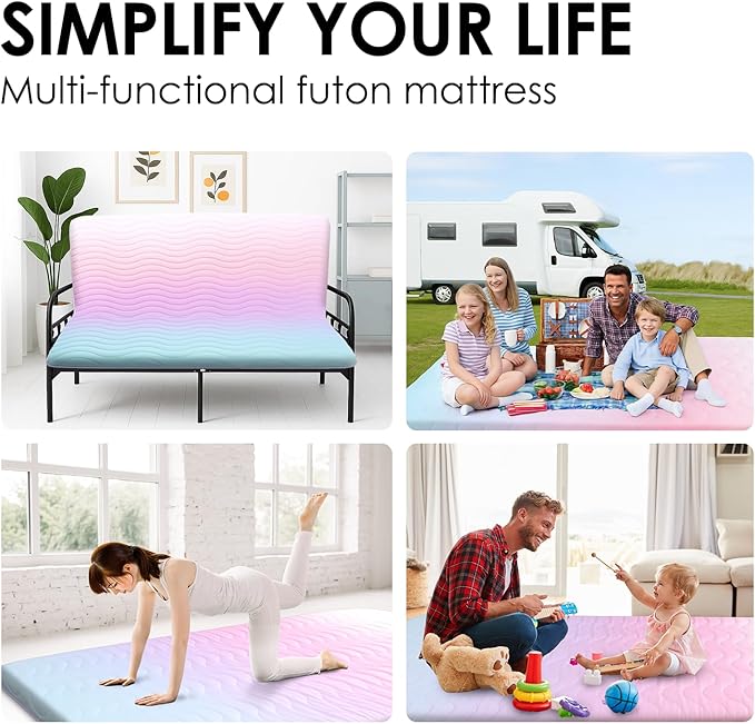 Japanese Floor Futon Mattress, 3.5" Thicken Colorful Rainbow Portable Floor Mattress, High-Density Foam Tatami Mat Sleeping Pad for Camping Guest Room Dormitory RV, Queen
