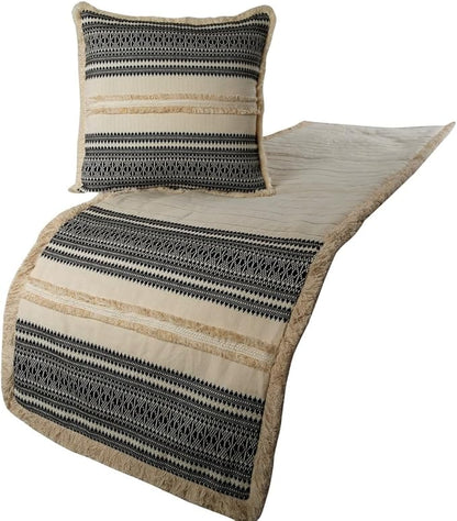 The HomeCentric Beige Bed Runner, Full Size 68"x18" Decorative Bed Runner with Matching Pillow Cover, Beige & Black Linen Bed Scarf in Quilted, Natural Linen with Lace - Moroccan Vibe