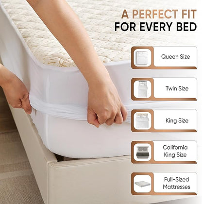 Luxury Quilted Organic Cotton Mattress Protector Full - 380 GSM Waterproof & Breathable Pad - Deep Pocket Fitted Cover - Soft & Silent Protection