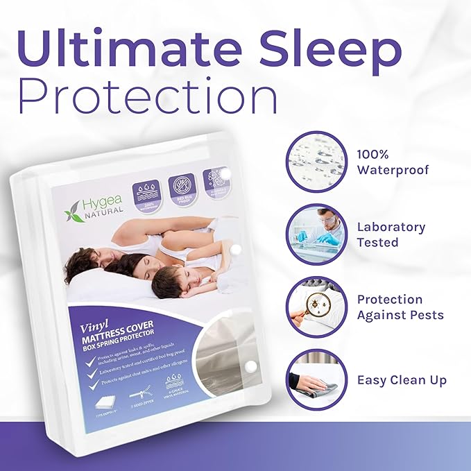 Hygea Natural Twin Size Tear-Free Heavy Duty Vinyl Box Spring and Mattress Cover - Waterproof, Anti-Bed Bug and Allergen-proof, Zippered Encasement - 39” x 80” x 9” Deep - Durable Protection