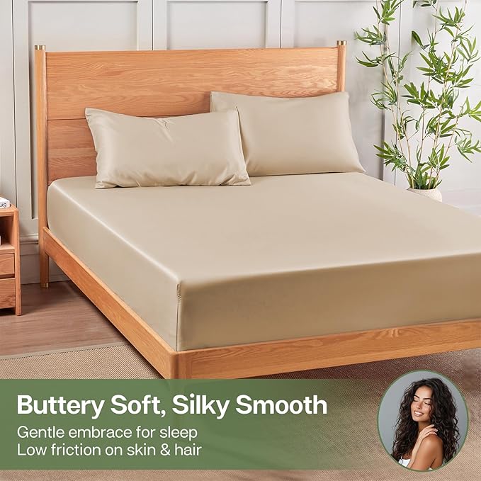 MR&HM Twin Fitted Sheet Only, Ultra-Soft Rayon Derived from Bamboo & Polyester Blend, Silky & Breathable, 15" Deep Pocket with Elastic Straps, Cooling Fitted Sheet for Hot Sleepers, Beige