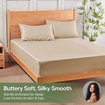 MR&HM Twin Fitted Sheet Only, Ultra-Soft Rayon Derived from Bamboo & Polyester Blend, Silky & Breathable, 15" Deep Pocket with Elastic Straps, Cooling Fitted Sheet for Hot Sleepers, Beige