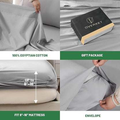 100% Egyptian Cotton Sheets Cal King Sheet Set 4PCS 1000 Thread Count Sateen Weave Soft Breathable 16-Inch Deep Pocket（California King,Grey）