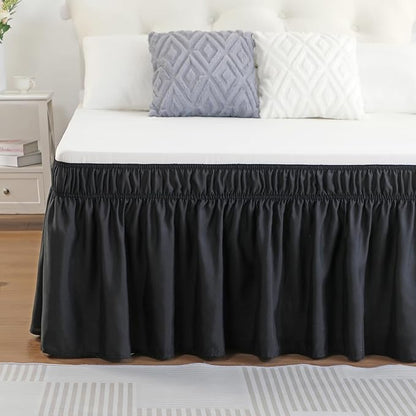RIMELA Bed Skirt Wrap Around Elastic Dust Ruffles Solid Color Wrinkle and Fade Resistant with Adjustable Elastic Belt Easy to Install Black for Queen Size 18 Inch Drop