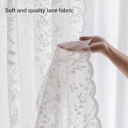 Anmao Vintage Lace Kitchen Curtains 18 Inches Long 2 Panels, Romantic Semi Sheer Floral Over Sink Lacy Cafe Curtain, Elegant Window Short Small Drapes, 55W x 18L, White Leaf