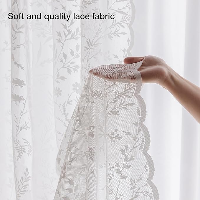 Anmao Vintage Lace Curtains 96 Inches Long 2 Panels Set, Romantic Elegant Light Filtering Semi Sheer Floral Thick Lacy Curtain Drapes for Living Room and Bedroom, Each Panel 55W x 96L, White Leaves