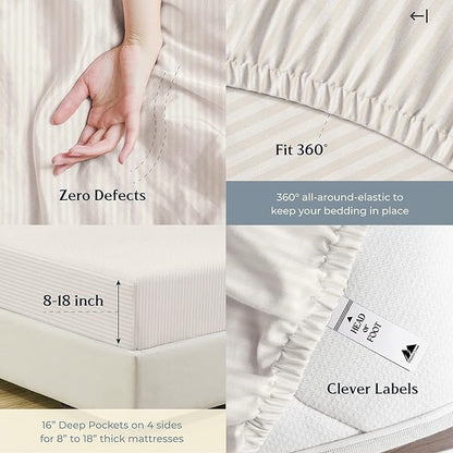Mayfair Linen 100% Cotton Striped Sheets King Size Bed Set - 500 Thread Count Damask Sheets King Size 4 PC Set (Beige Stripe), Soft, Cooling, Sateen Weave Hotel-Quality 16" Deep Pocket Bedsheet