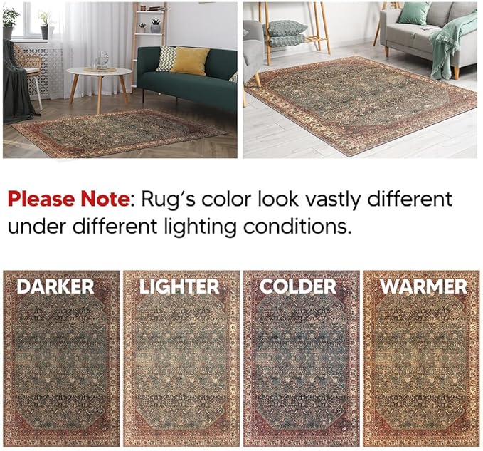 Keen Home Design 9x12 Rug - Machine Washable Area Rug with Non-Slip Backing, Ideal for Living Room, Dining Room, Bedroom - Vintage, Easy Clean, Durable, Low Pile Rug - (9' x 12')