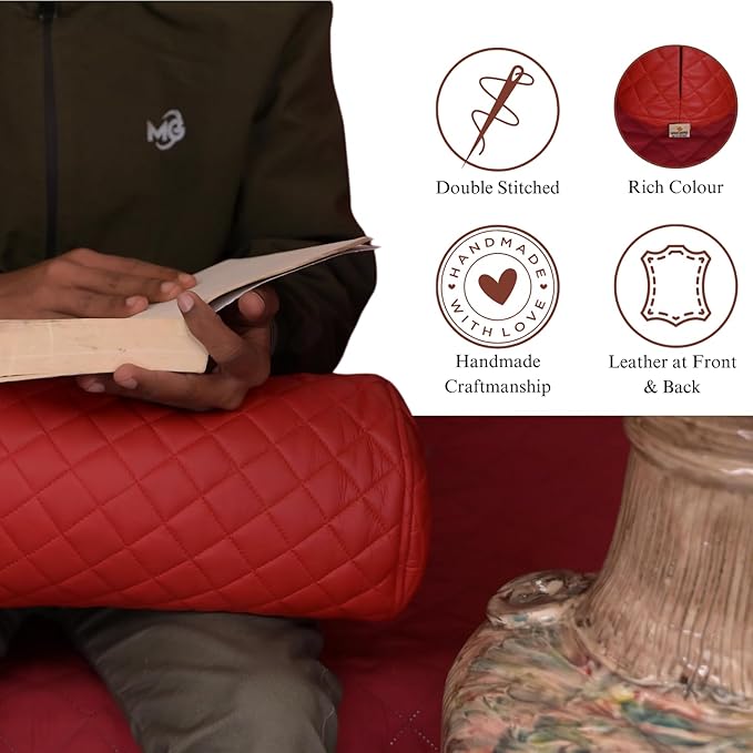Neck Roll Pillow Cushion Cover, 18x5 Inch Full Moon Round Bolster Pillow Case, Cylinder Soft Lambskin Leather Pillowcase for Head, Spine & Neck Support During Sleep - Quilted Cherry Red Pack of 2