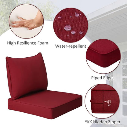 Outdoor Patio Chair Cushions Set, 24" x 24", Set of 2, Water-Repellent, Fade Resistant, Deep Seat Bottom and Back Cushion for Backyard, Couch, Sofa and Patio Furniture, Red
