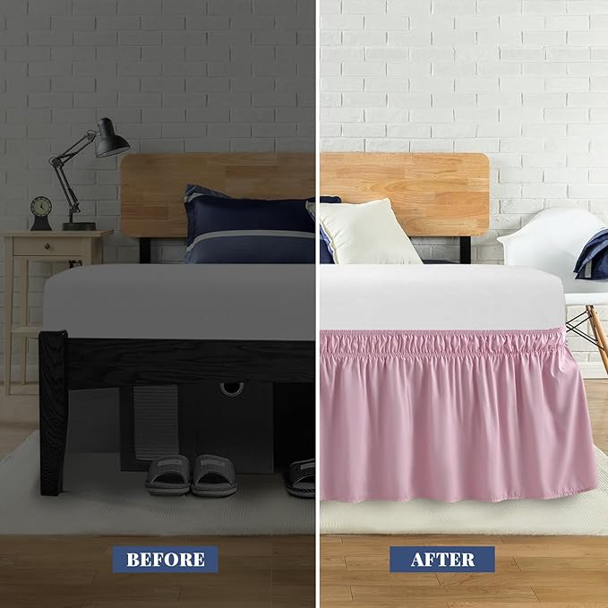 Twin Bed Skirt, Elastic Wrap Around Bed Skirt Twin Size, Bed Skirts for Adjustable Bed, Easy Fit with 14" Drop Length Tailored Drop Dust Ruffle (Pink)