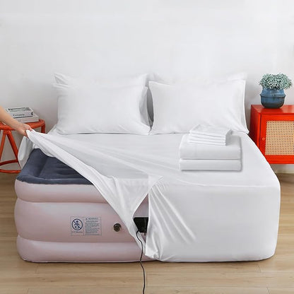 Air Mattress Sheet Set Queen Size,6 Piece Deep Pocket Bed Sheet Set for 16-24 Inch Air Bed,Easy Inflate Access,Perfect for Guest Room, RV, Camping,White