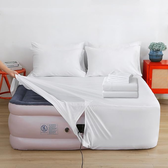 Air Mattress Sheet Set Full Size,6 Piece Deep Pocket Bed Sheet Set for 16-24 Inch Air Bed,Easy Inflate Access,Perfect for Guest Room, RV, Camping,White