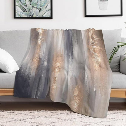 Abstract Gradient Blanket, Modern Fashion Baroque Gold Grey Painting Strokes Pattern Soft Warm Cozy Plush Flannel Covers for Livingroom Bedroom Couch Chair Camping Travel Home Decor Tapestry 60x80in