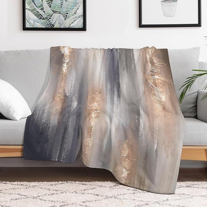 Abstract Gradient Blanket, Modern Fashion Baroque Gold Grey Painting Strokes Pattern Soft Warm Cozy Plush Flannel Covers for Livingroom Bedroom Couch Chair Camping Travel Home Decor Tapestry 50x60in