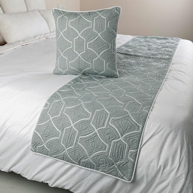The HomeCentric King Queen Twin Grey Blue Bed Runner with 2 Decorative Throw Pillow Cover, Full Size 68"x18" Bed Runner with Pillow Cover, Linen Quilted Embroidery, Modern Contemporary - Atmosphere
