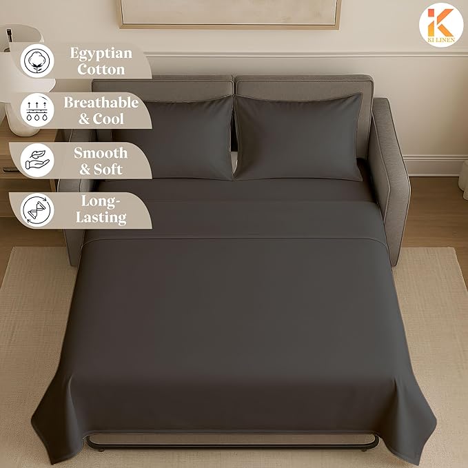 Sleeper Sofa Bed Sheet Set - Queen Size 4 PC's Sheet Set Sofa Bed Sheets - 100% Cotton 400 Thread Count Sofa Sheets - Sleeper Sofa Sheets - Fits Mattresses Up to 6" Drop - Dark Grey