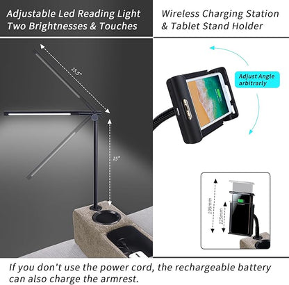 Removable Sofa Armrest with Cup Holder, PU Leather Multifunctional Couch Caddy Storage Arm Rest with Power Wireless Charging Stand & LED Reading Light for Sofa Middle Seat Adjustable