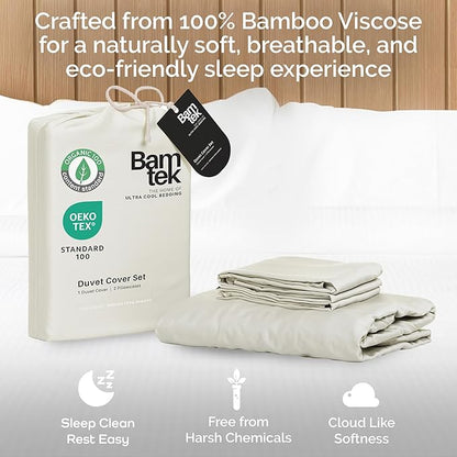 Duvet Cover Set - 100% Viscose Derived from Bamboo Duvet Cover Queen Size, 3 PC Luxury Cooling Duvet Cover for Hot Sleepers, Silky Buttery Soft Comforter Cover & 2 PC Queen Pillowcases, Ivory