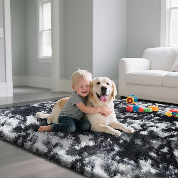 Fluffy Rug Shaggy Area Rug, Mottling Black 4x6 Area Rugs for Bedroom, Small Bedside Rug, Soft Fluffy Shaggy Entryway Throw Rugs for Living Room Bedroom Kids Room Home Decor