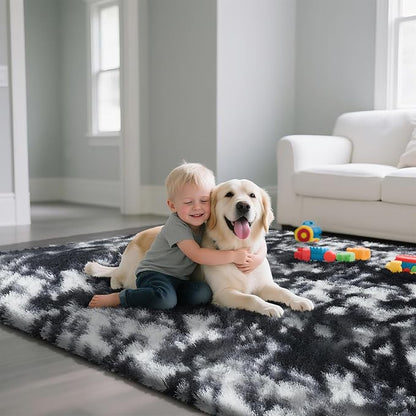 Fluffy Rug Shaggy Area Rug, Mottling Black 8x10 Area Rugs for Living Room, Large Shag Area Rugs for Bedroom Kids Room Home Decor, Upgrade Anti-Skid Rectangular Fuzzy Rugs