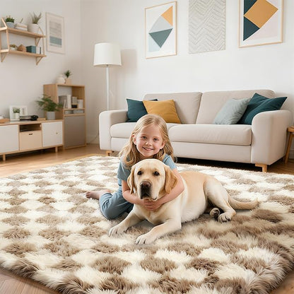 Checkered Rug for Bedroom, 2x4 Beige and White Area Rugs, Classic Checkered Carpets Shaggy Area Rug, Bedside Rugs for Living Room Bedroom Kids Room Home Decor