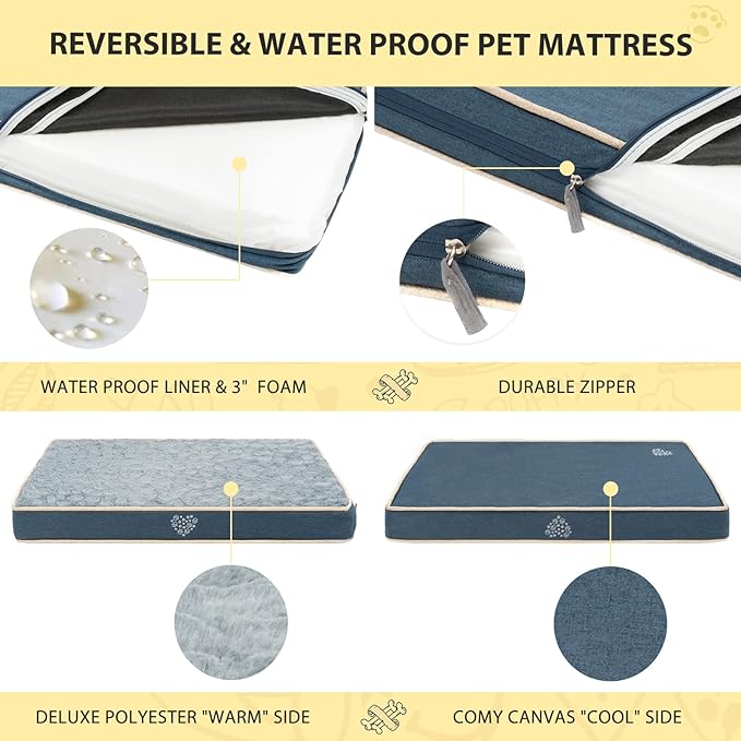 VANKEAN Waterproof Dog Crate Pad Bed Mat Reversible (Warm&Cool), Removable Washable Cover & Waterproof Inner Lining, Pet Crate Mattress for Cats and Dogs, Joint Relief Dog Bed for Crate, Navy-X-Large