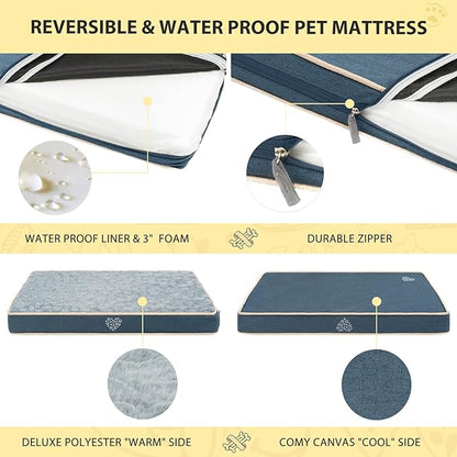 VANKEAN Waterproof Dog Crate Pad Bed Mat Reversible (Warm&Cool), Removable Washable Cover & Waterproof Inner Lining, Pet Crate Mattress for Cats and Dogs, Joint Relief Dog Bed for Crate, Navy-X-Large