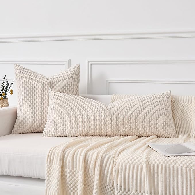 Kevin Textile 20x54 Inch Long Body Lumbar 1 Pack Boho Decorative Throw Pillow Cover Soft Striped Corduroy Rectangle Cushion Case Farmhouse Accent for Living Room Couch Sofa Bed, Cream White