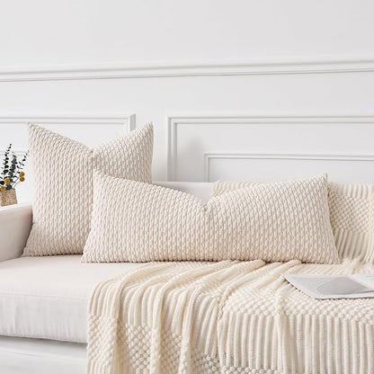 Kevin Textile 14x36 Inch Long Lumbar 1 Pack Boho Decorative Throw Pillow Cover Soft Striped Corduroy Rectangle Cushion Case Farmhouse Solid Color Accent for Living Room Couch Sofa Bed, Cream White