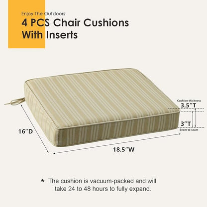 Outdoor Square Corner Seat Cushion, 18.5"x16"x3", Set of 4, Non Slip Seat Cushion Pads with Removable Cover for Patio Furniture, Garden Yard Lawn, Beige Brown Stripe