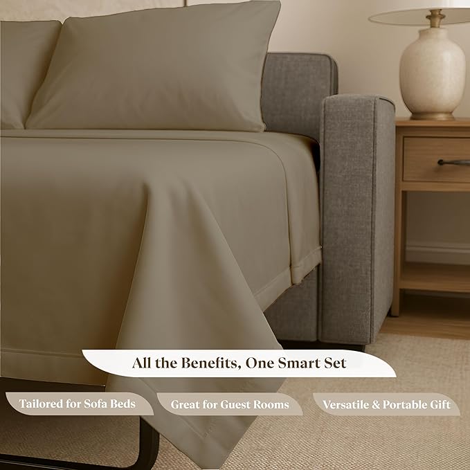Sleeper Sofa Bed Sheet Set - Queen Size 4 PC's Sheet Set Sofa Bed Sheets - 100% Cotton 400 Thread Count Sofa Sheets - Sleeper Sofa Sheets - Fits Mattresses Up to 6" Drop - Taupe