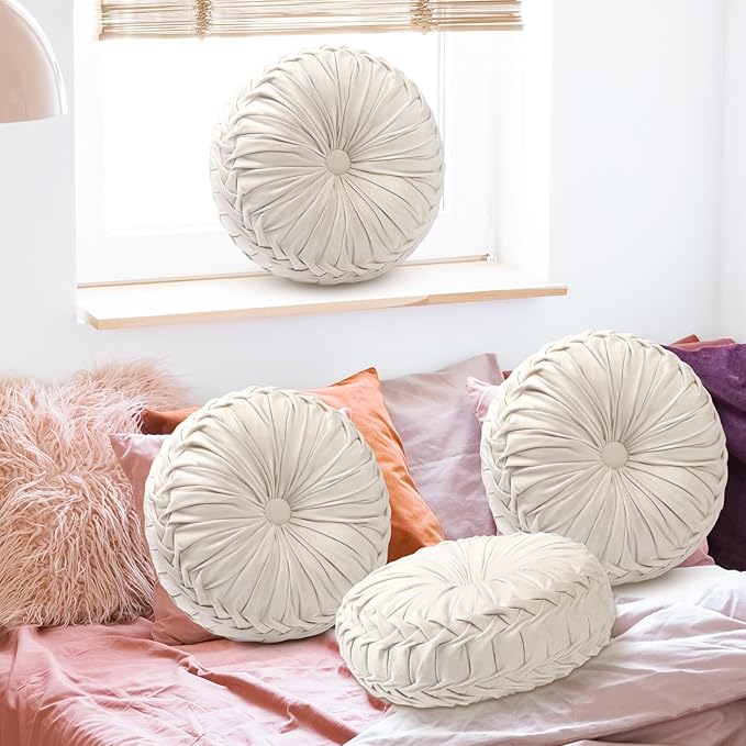 2 Pcs Round Throw Pillows 15 Inch Decorative Velvet Pleated Pumpkin Floor Boho Pillows for Living Room Couch Chair Bed Sofa (Ivory)