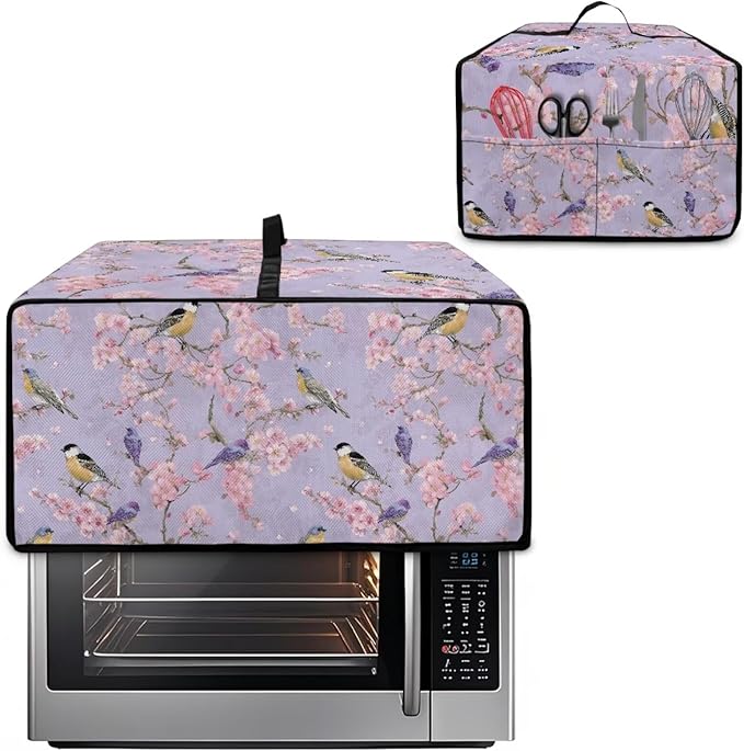 Dust-Proof Microwave Oven Grill Cover Protector Cherry Blossom Robin Bird Print Polyester-Linen Fabric Toaster Oven Dust Cover with Storage Bags Case Protections for Microwave Oven, M