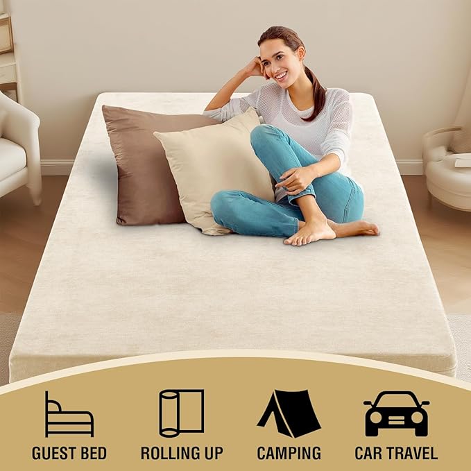 H.VERSAILTEX Queen Size Armless Futon Mattress Covers for Traditional Japanese Futon Mattress Soft Chenille Couch Slipcovers Floor Mats Sofa Protector Zippered Sleeper Sofa Cover,Beige