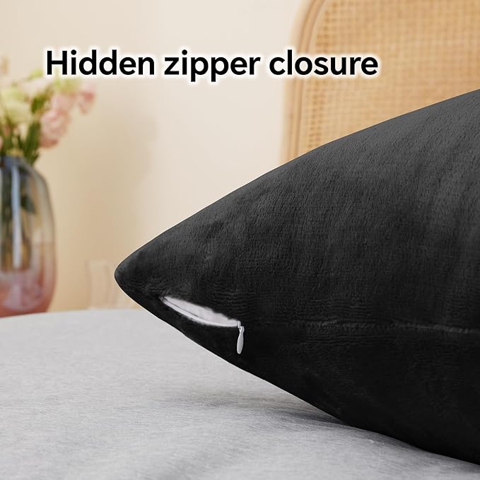 BEDELITE Flannel King Size Pillow Cases Set of 2, Super Soft Fleece Pillowcases with Zipper for Bedroom, Sofa, Couch,Luxury Cozy Fuzzy Velvet Pillow Shams for All Seasons(20x40 Inches,Black)
