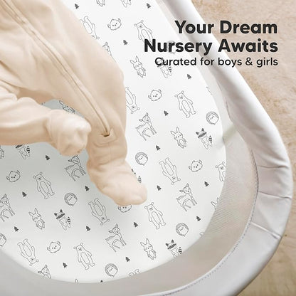 2-Pack Organic Bassinet Sheets for Girls, Boys - 100% Cotton Bassinet Mattress Sheets Compatible with Halo Bassinest Swivel Sleeper, Graco, Baby Delight, Chicco, Fitted Bassinet Sheets (Woodland)