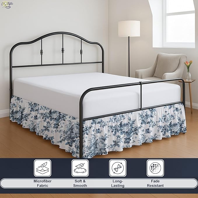 Cottington Lane Ruffled Bed Skirt King Size with Split Corner, Brushed Microfiber Hotel Quality Dust Ruffle, 15 Inch Drop Gathered Bedskirt, Soft, Stylish, Shrink & Fade Resistant, Blue Floral Bliss