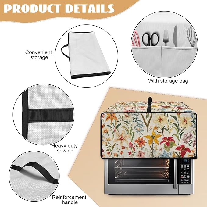 Toaster Oven Cover with Pockets, Washable Smart Oven Dust Cover Protective Kitchen Appliances Decor and Accessories, S, 14.5" x 18.5" x 9", Floral Pattern