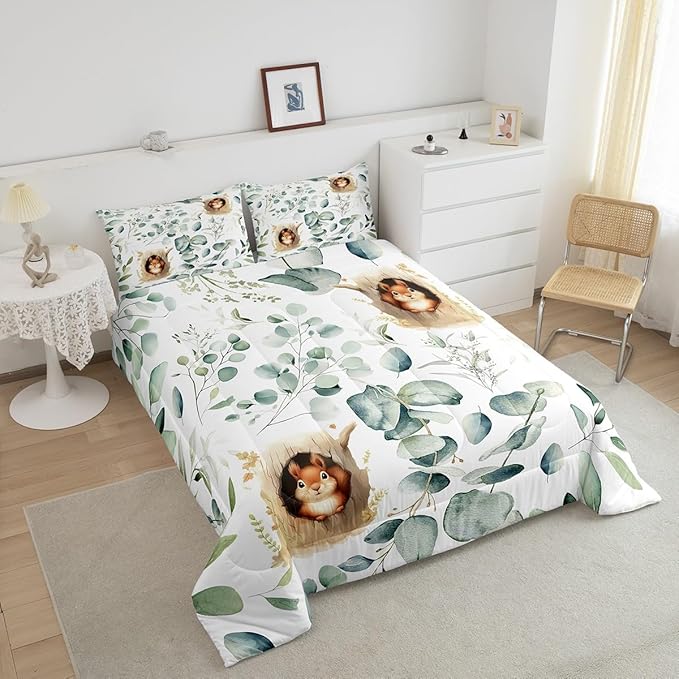 Erosebridal Kawaii Squirrel Queen Bedding Sets for Boys Girls Cartoon Animal Comforter Set, Eucalyptus Leaves Down Comforter Jungle Wildlife Bedding Comforter Sets, Tropical Plants Duvet Insert