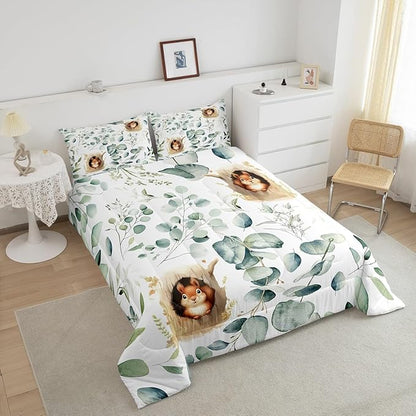Erosebridal Kawaii Squirrel Full Comforter Set for Boys Girls Cartoon Animal Bedding Set Full, Eucalyptus Leaves Bedding Comforter Sets Jungle Wildlife Duvet Set, Tropical Plants Quilted Comforter