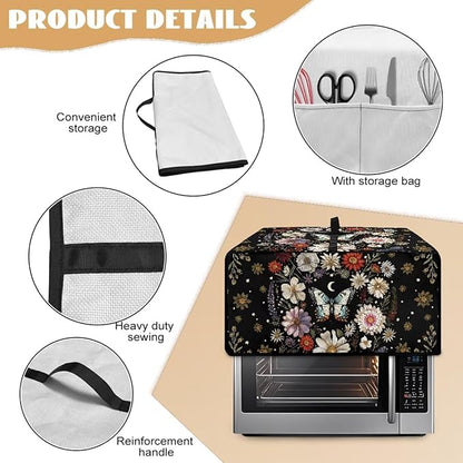 Waterproof Microwave Oven Cover Polyester-Linen Dust Cover for Microwave Oven Foldable Kitchen Machine Covers with Storage Pockets, Butterfly Daisy Floral Plant Moon Print, M