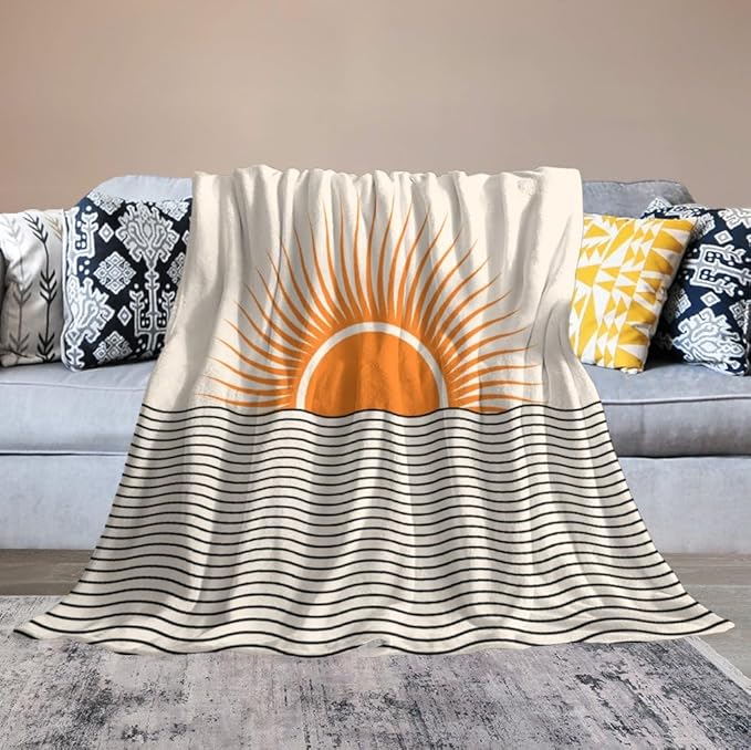 Abstract Sunset Throw Blanket, Boho Mid Century Geometric Minimalist Aesthetic Wave Sunrise Soft Warm Blankets for Couch Bedroom Sofa Office, 50"x60"