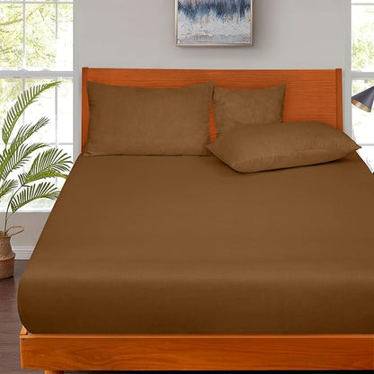 ROYALE LINENS 300 Thread Count 100% Long Staple Combed Cotton Fitted Sheet Queen - Super Soft Deep Pocket Bottom Sheet - Fitted Sheets Only - Elastic Sheets (Queen, Chocolate)