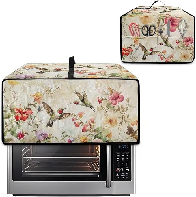 Convection Toaster Oven Cover Decorative Dustproof Convection Microwave Oven Cover with Storage Pockets for Kitchen Countertop, M, 16.5 x 20.5 x 10 Inches, Retro Hummingbird Floral