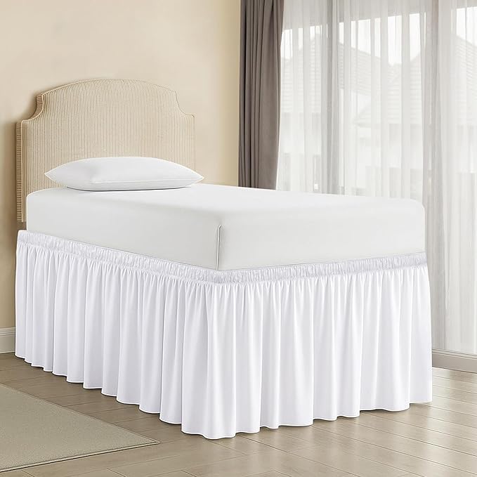 Dorm Bed Skirt Twin XL 32 Inch Drop, 100% Microfiber Extra Long College Dust Ruffle Bedskirt for Adjustable Beds, Elastic Wrap Around Design, White