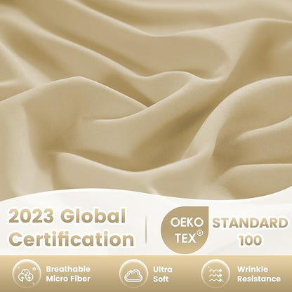 Lightweight Soft California King Sheet Set - Luxury 4 Piece Breathable Cooling Sheets, 16" Deep Pocket Easy Care Wrinkle Free Bedding Sheet and Pillowcase Set Cal King Size, Beige