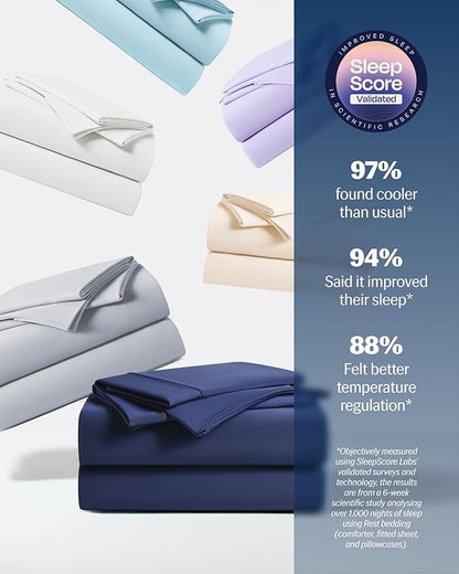 REST® Evercool®+ Cooling Sheet Set, Queen Size, Midnight Blue, Breathable Bed Sheets for Hot Sleeper and Night Sweats, with Pillowcases, with Ionic+ Self-Cleaning Silver Yarn for Sensitive Skin, 4PCS