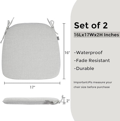 Outdoor Chair Cushions Set of 2,Patio Seat Cushion 17"x16"x2",U-Shaped Dining Chair Cushion 17 by 16 Inch,Water Resistant,Fade-Resistant Chair Pads for Kitchen Garden Furniture(White Gray)
